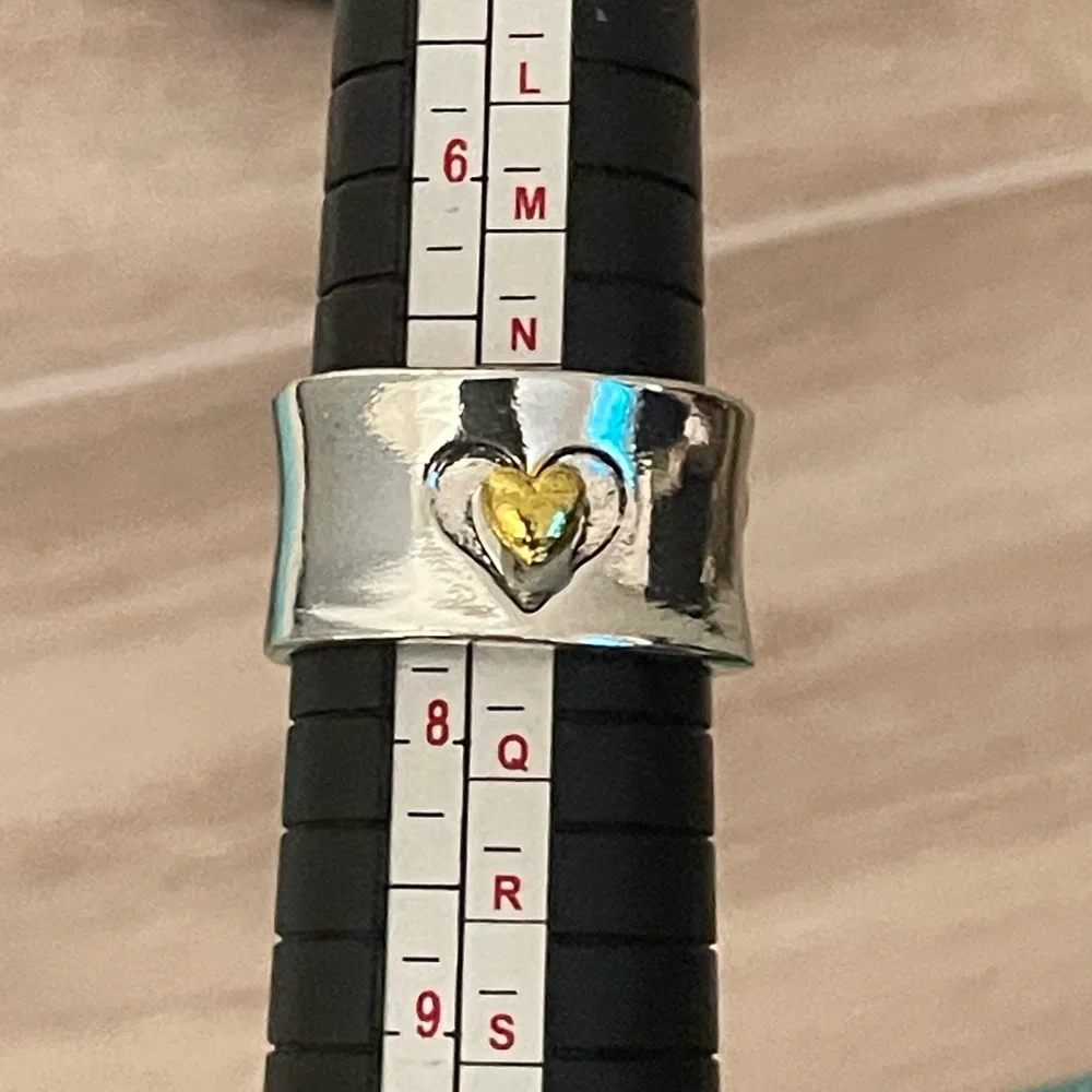 💛 S925 Stamped Silver with Gold Heart Ring-Size 7 - Picture 6 of 8